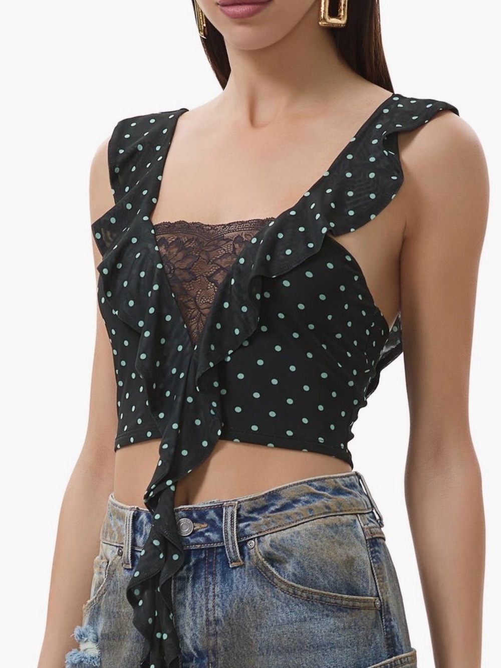 NWT Stretchy Polka Dot Ruffle Tie Crop Top. Lace detail Feminine and flirty.